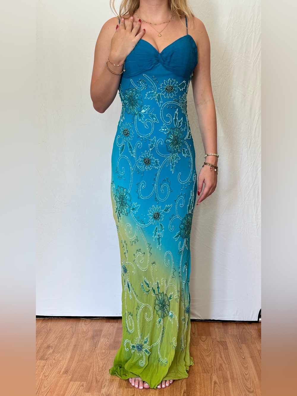 Women’s Ombre Beaded Spaghetti Strap Maxi Dress - Teal to Lime